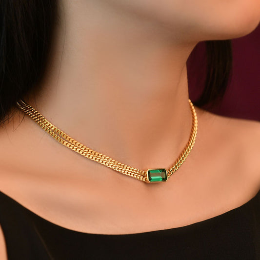 2025 New 4Ct Rectangle 7x14mm Green High-Carbon Diamond Unisex Cuban Chain, 44.5cm