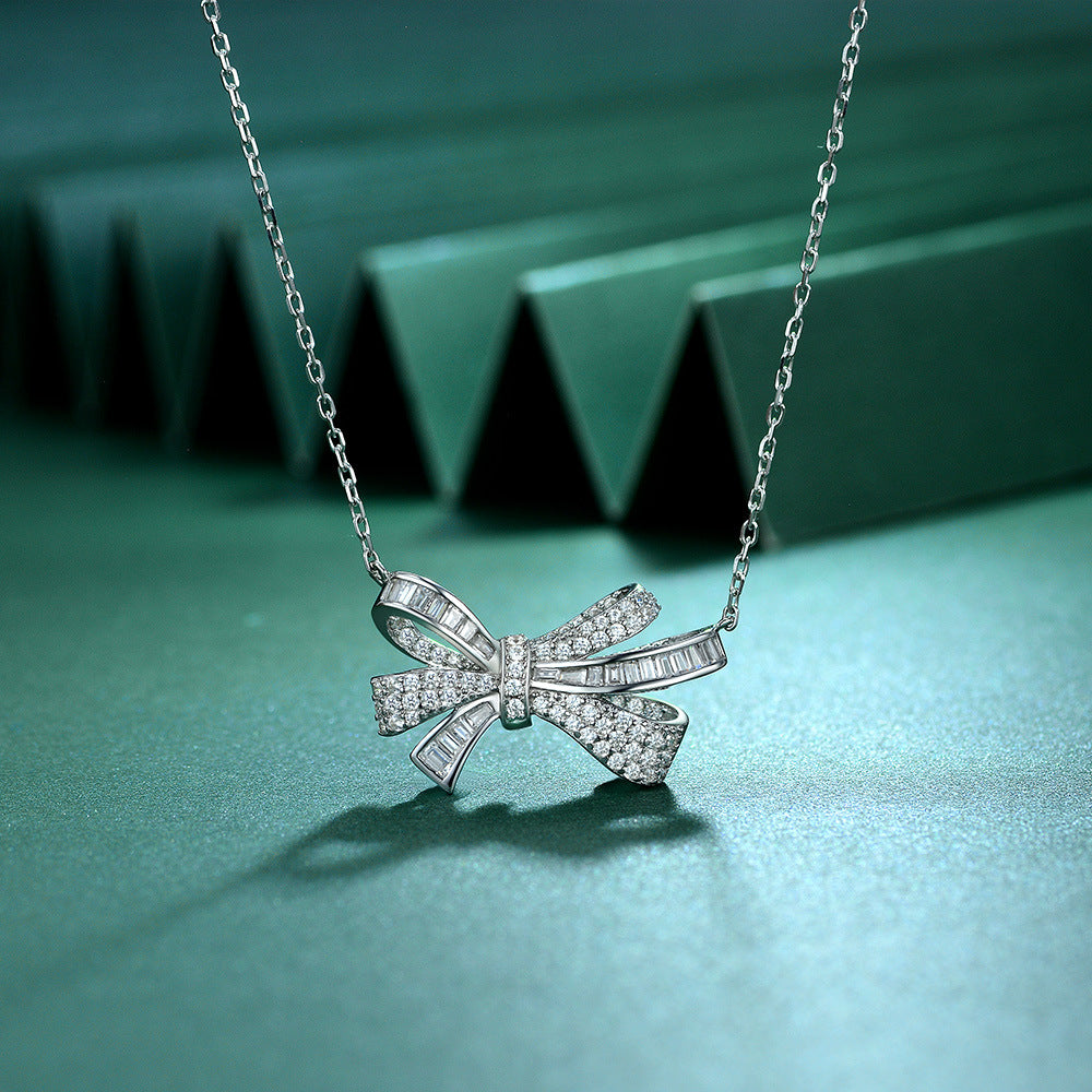 925 Sterling Silver Bow Pendant Necklace, 40+5cm Chain