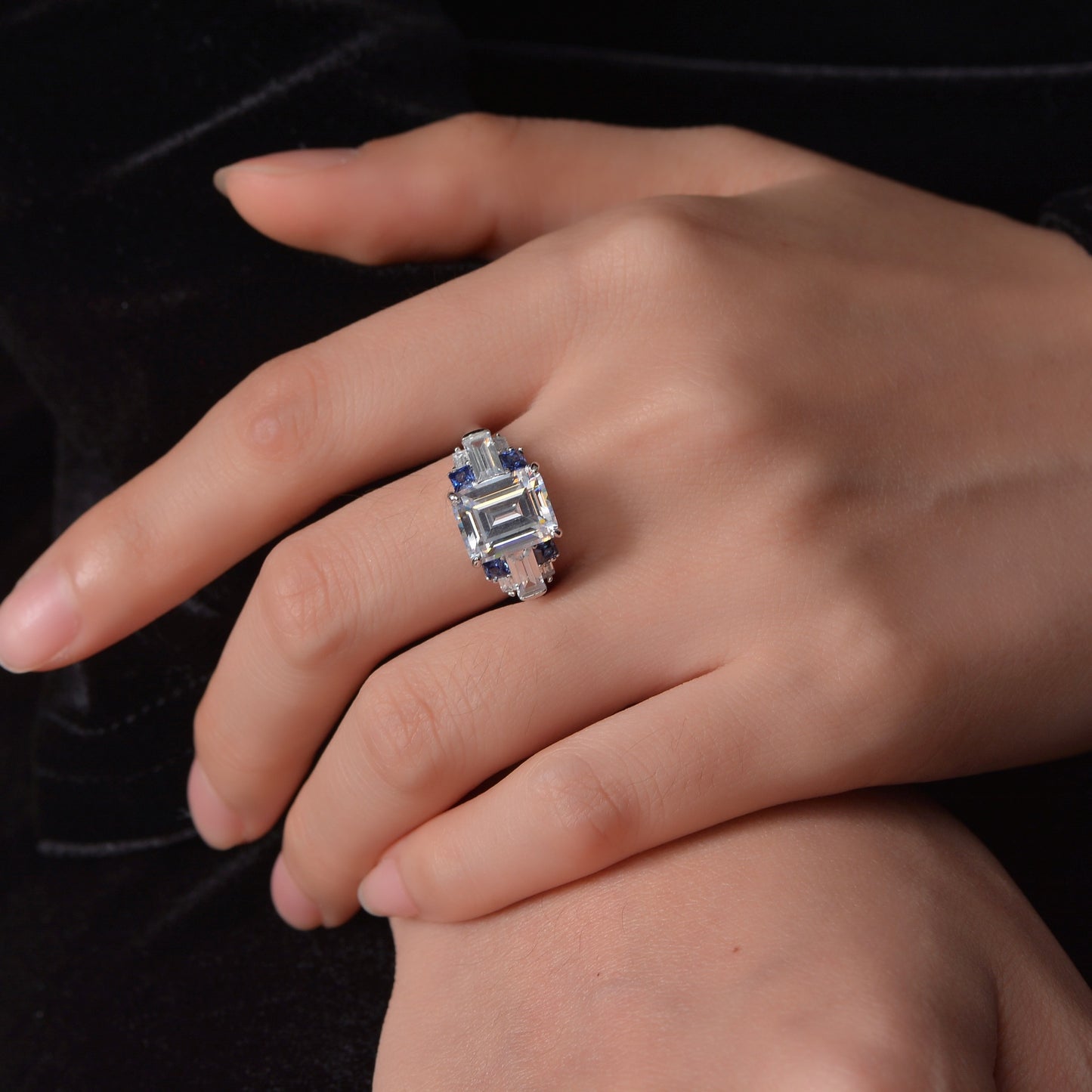 4Ct Rectangle 8x10mm Lab-Grown Sapphire S925 Silver Ring with High-Carbon Diamonds