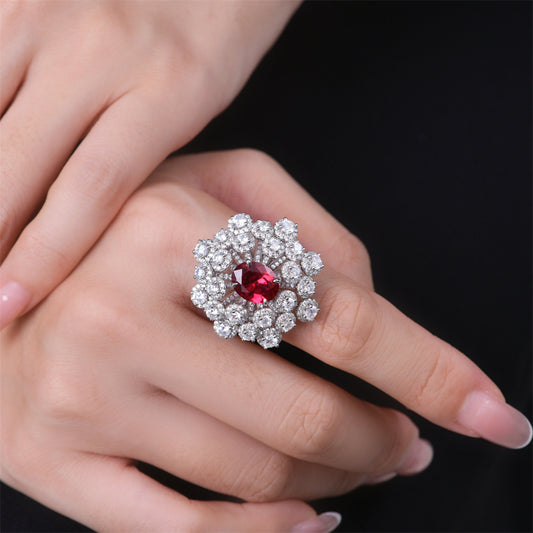 2025 New 2Ct Oval Lab-Grown Ruby 7x9mm Hand Bouquet S925 Silver Ring with Full Diamond