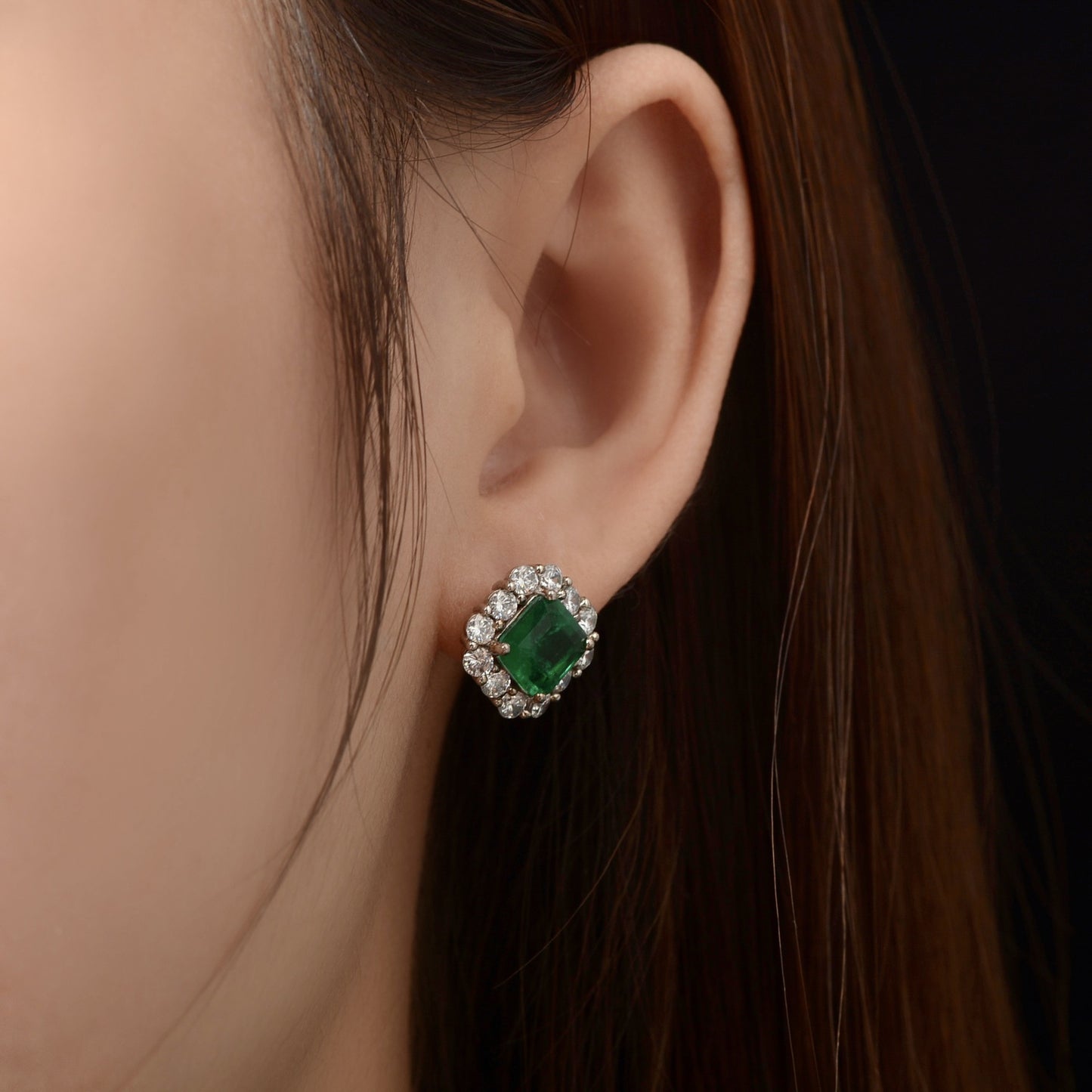 Sterling silver earrings 2025 Square Synthetic Emerald Studs - Vintage Full Pave