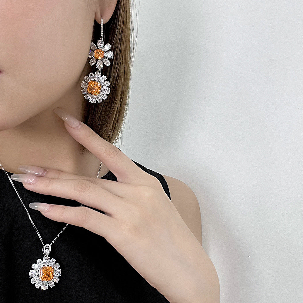 10Ct Daisy Pendant Necklace Set with Orange Rose & Ice-Cut High-Carbon Diamonds, 925 Sterling Silver, 40+3cm Chain