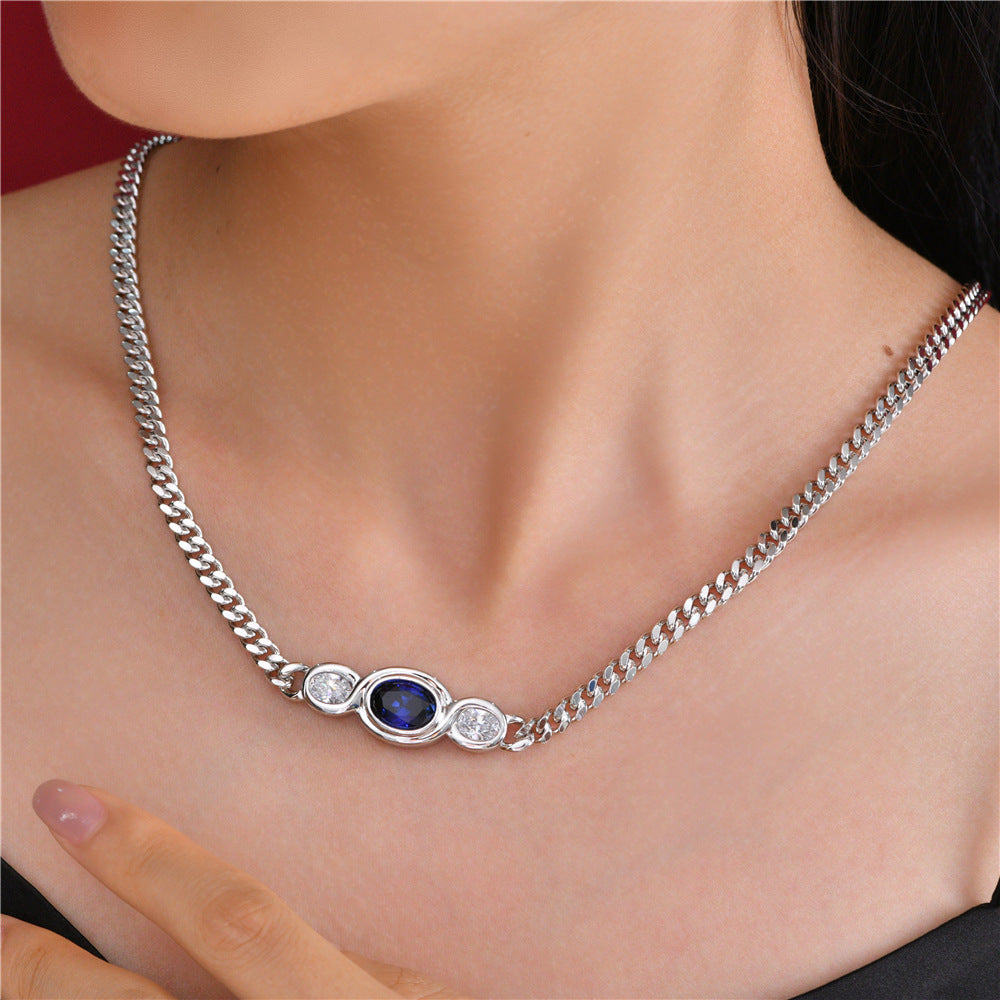 3.4Ct Oval Lab-Grown Ruby/Sapphire 8x11mm High-Carbon Diamond Cuban Chain, 45cm