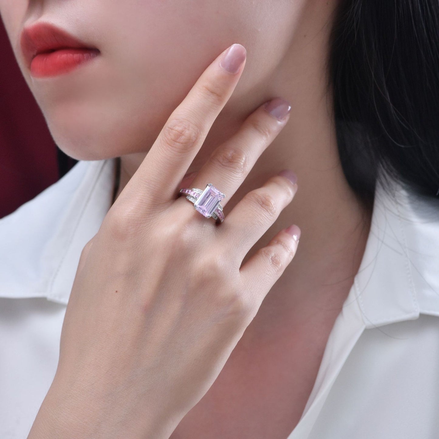 5 Carat Pink High Carbon Diamond Ring – 8×12mm Pagoda Cut, Trendy Minimalist Style
