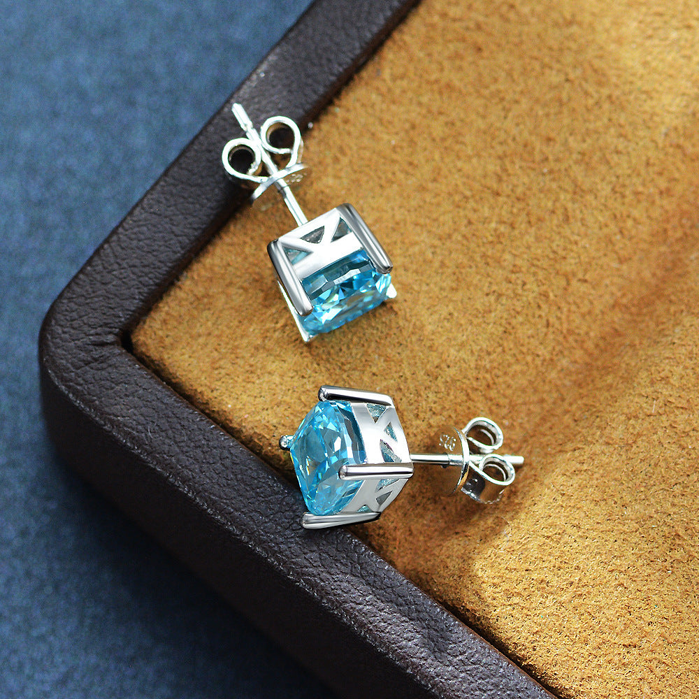 925 Silver Earrings Sterling studs cushion cut blue and pink gemstone