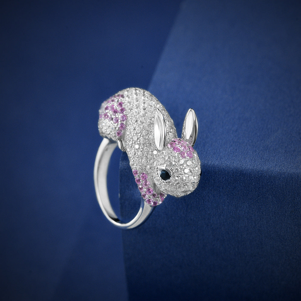 0.08Ct Pink Lab-Grown Blue Sapphire Rabbit Design 925 Silver Ring