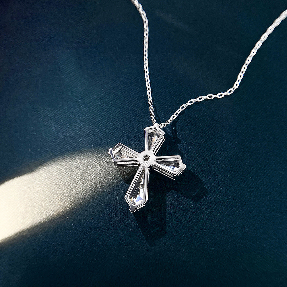 Sterling silver 4Ct Fancy 6x12mm Cross Pendant Necklace, Fully Diamond-Cut, 40+3cm Chain