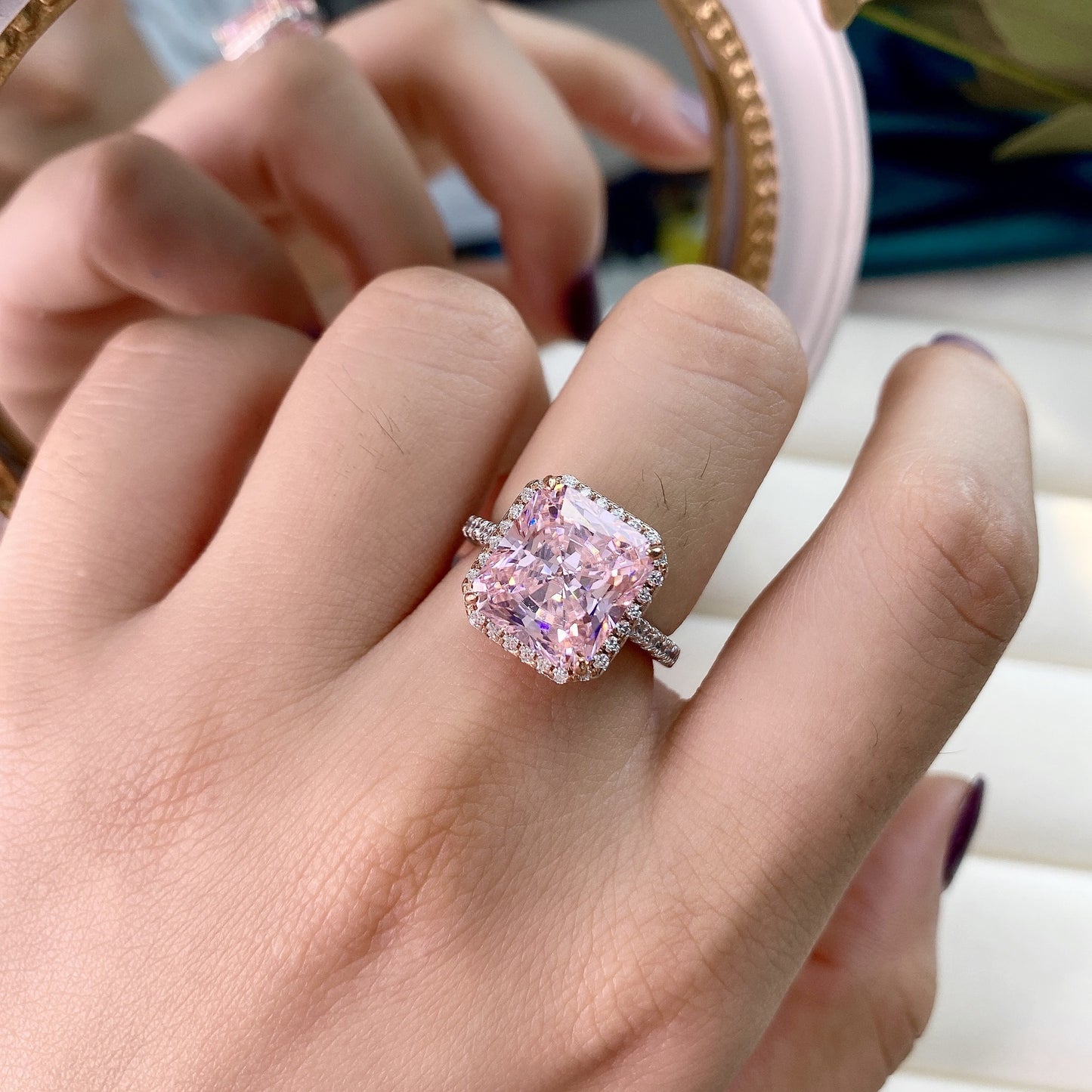 6Ct Rectangle 10x11mm High-Carbon Diamond S925 Silver Ring for Women