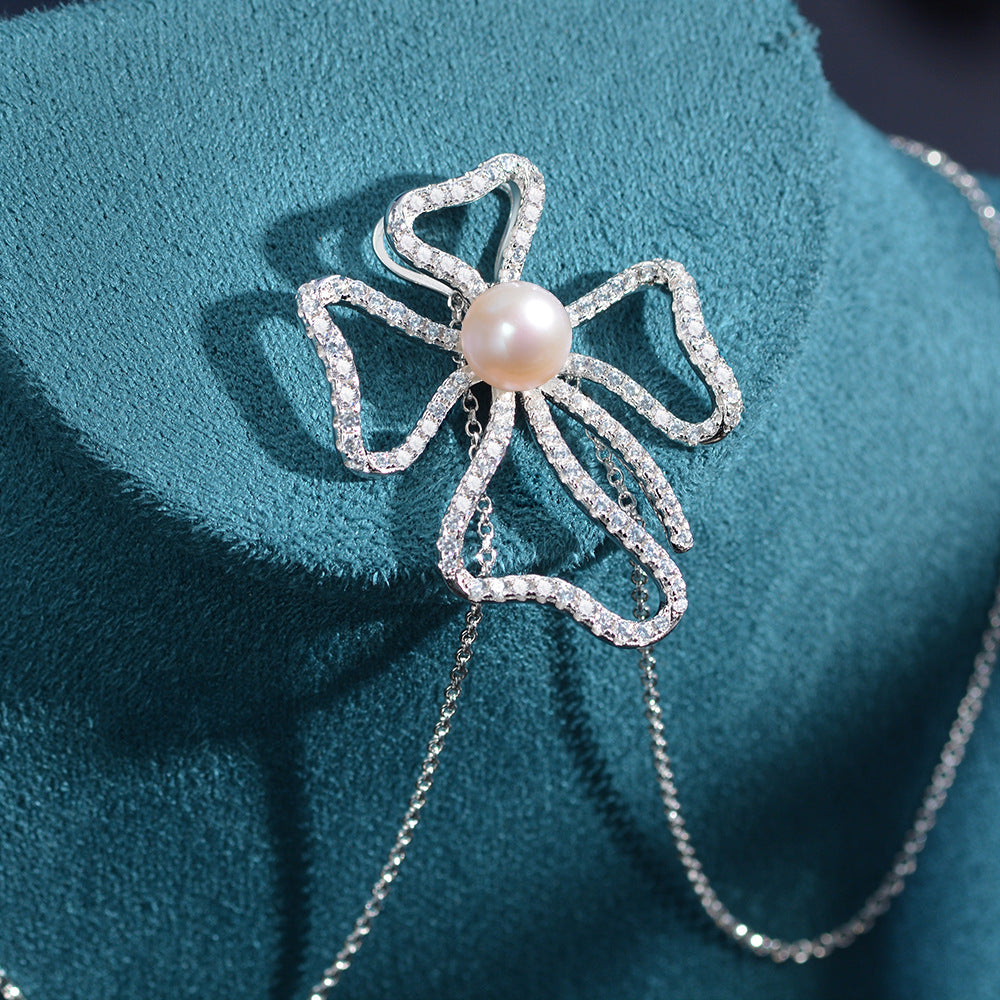 New 8mm Natural Pearl with Geometric High-Carbon Diamond 925 Silver Pendant Necklace, 40+3cm