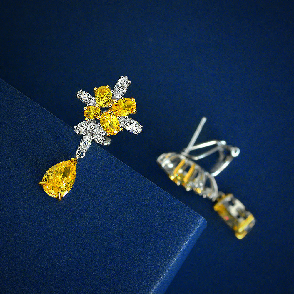 4ct Pear Frosted Cut Yellow High Carbon Diamond 7x10mm Earrings | Premium Light Luxury Ear Jewelry