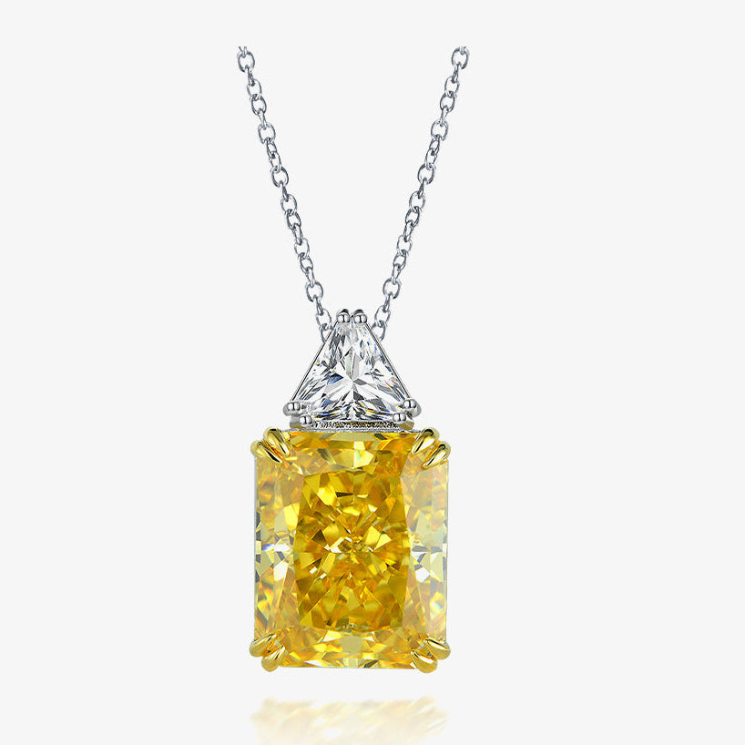 Yellow diamond pendant with silver chain on a white background, featuring Shipei Jewelry logo.