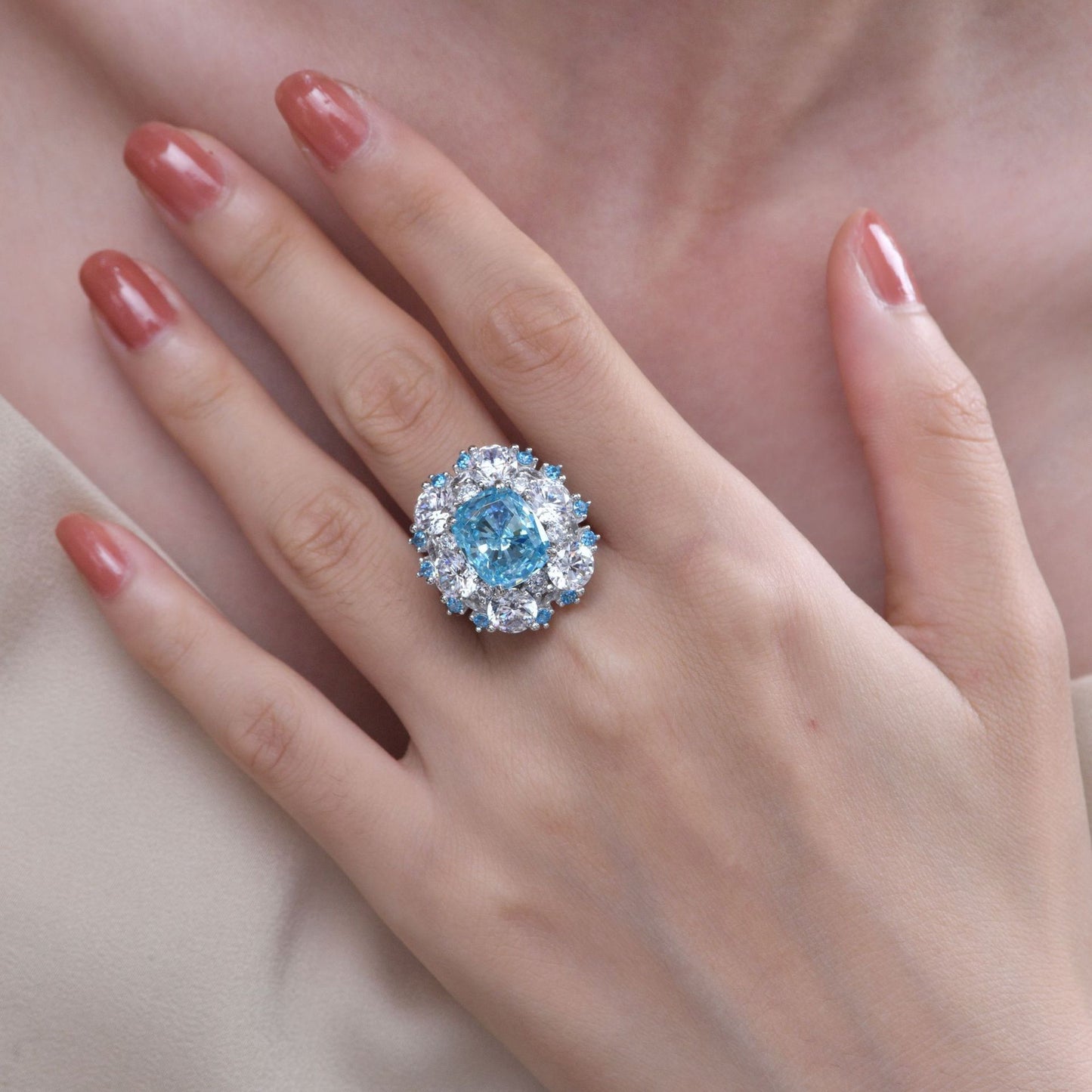 4 Carat 10×12mm Aqua Blue Oval High Carbon Diamond Ring – Sterling Silver Boutique Luxury Women’s Jewelry