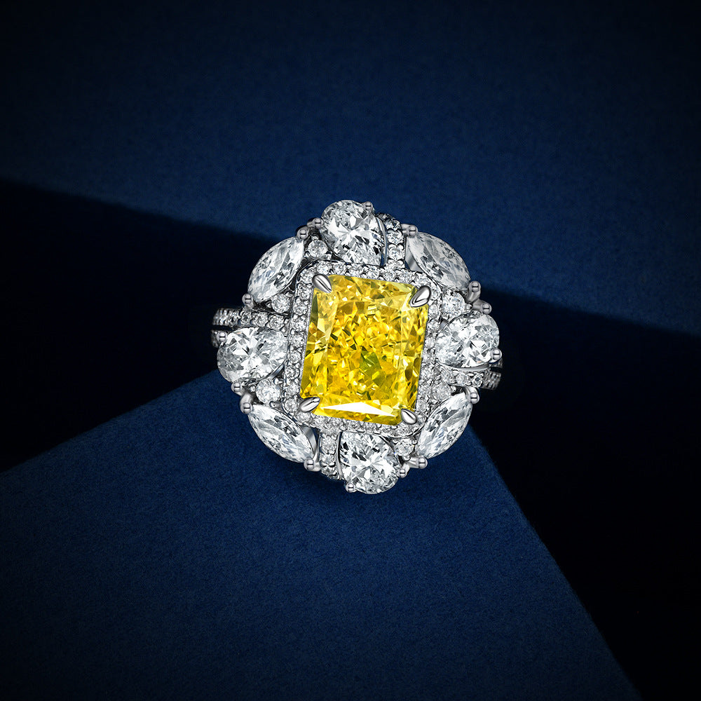 4 Carat Ice-Flower Cut Yellow High Carbon Diamond Ring – Sterling Silver 8×10mm Luxury Style