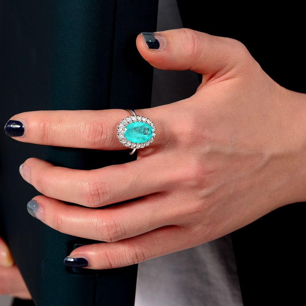 5 Carat Paraiba Emerald Oval Ring – Sterling Silver 10×14mm High Carbon Diamond Design