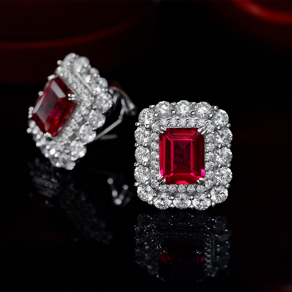 S925 Sterling Silver Rectangular 8x10mm Full-Bezel Diamond Setting 4ct High Carbon Diamond Earrings | Luxurious Elegance