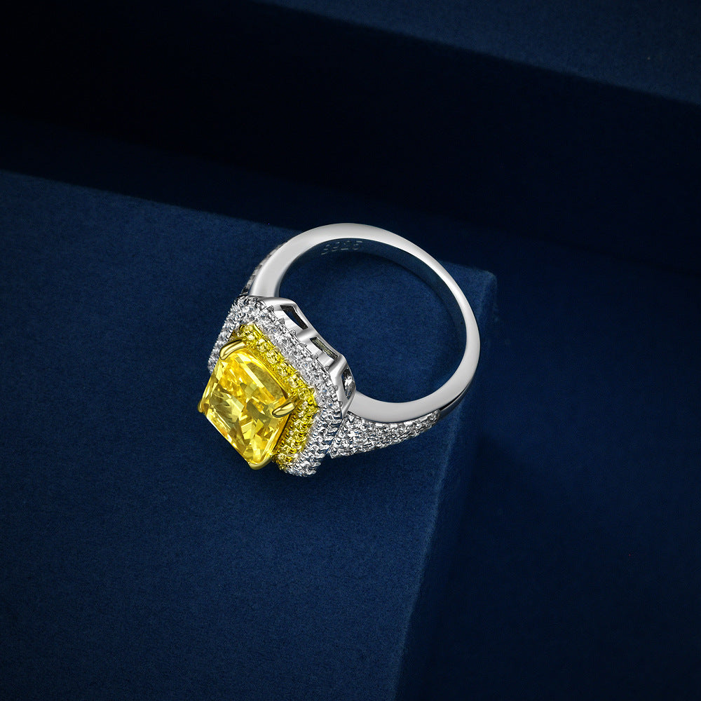 4 Carat Fancy Yellow Ice-Flower Cut High Carbon Diamond Ring – 8×10mm Rectangular Luxury Design