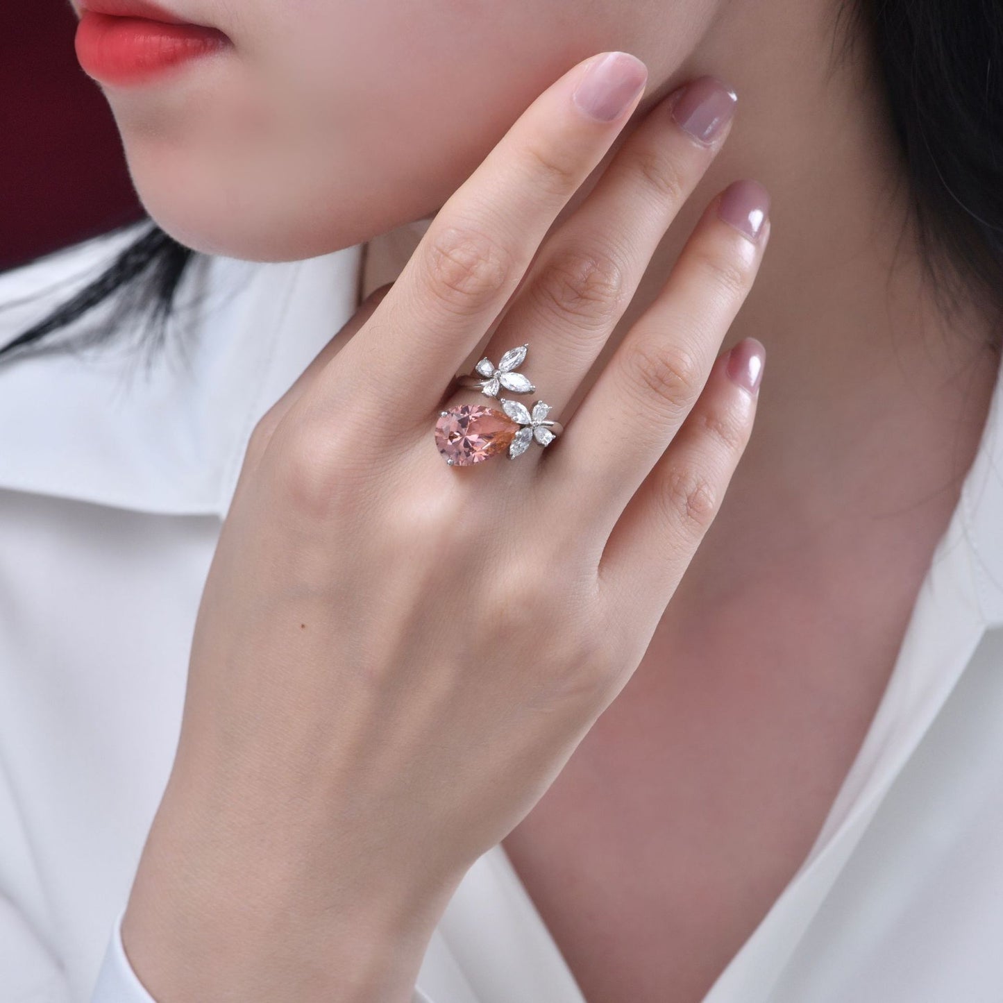 5 Carat Pink Pear Cut High Carbon Diamond Open Ring – Butterfly Accent, Trendy Minimalist Style