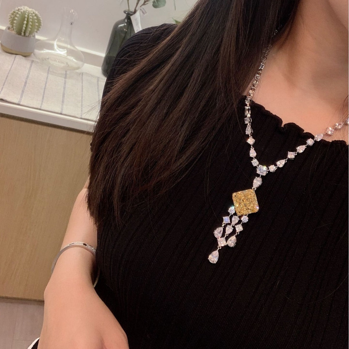 24Ct Square 18x18mm Goose Yellow Pendant 925 Silver Necklace, 45cm