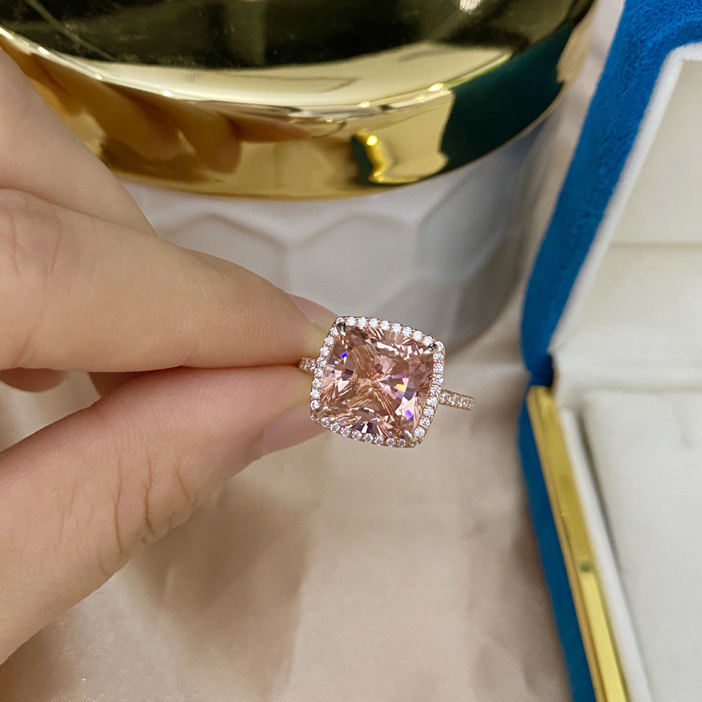 5 Carat Morganite Pink Cushion High Carbon Diamond Ring – S925 Silver 10×10mm 2025 Luxury Collection