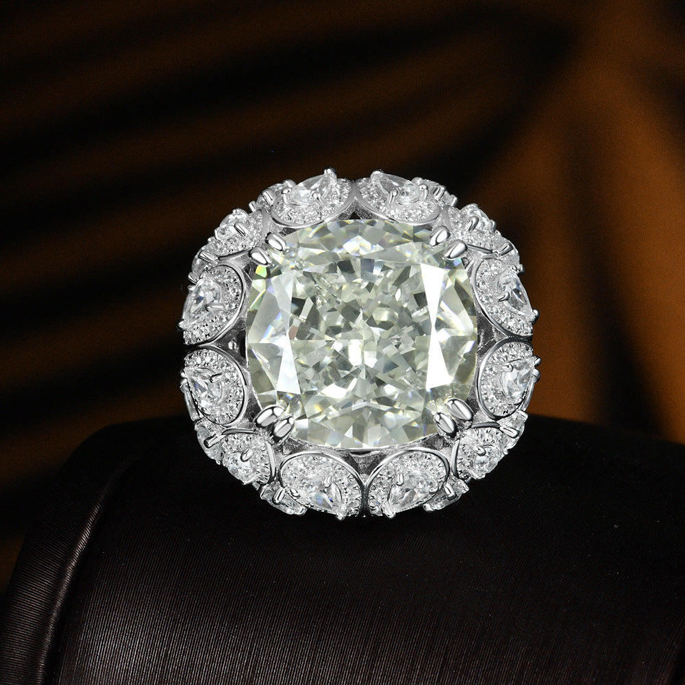 23 Carat 15×15mm Cushion Cut White G High Carbon Diamond Ring – Sterling Silver Statement Luxury Women’s Jewelry