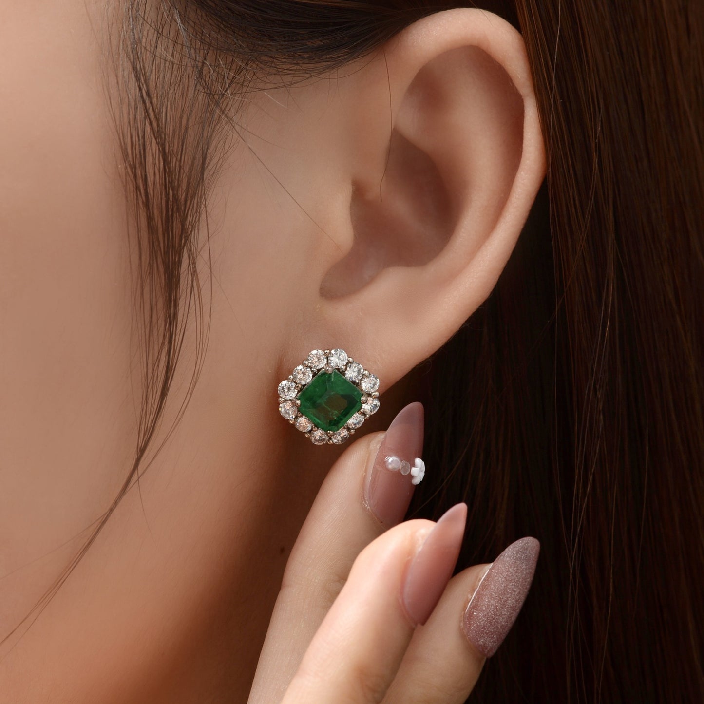 Sterling silver earrings 2025 Square Synthetic Emerald Studs - Vintage Full Pave