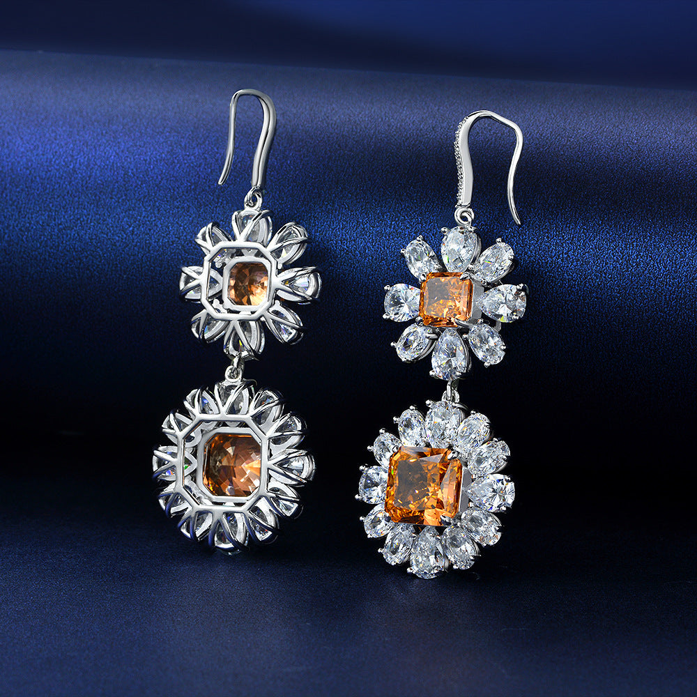 925 Silver Earrings 10*10 Frosted Cut 5-Carat Color-Changing Rose Orange High Carbon Diamond Ear Hooks for Women Luxury