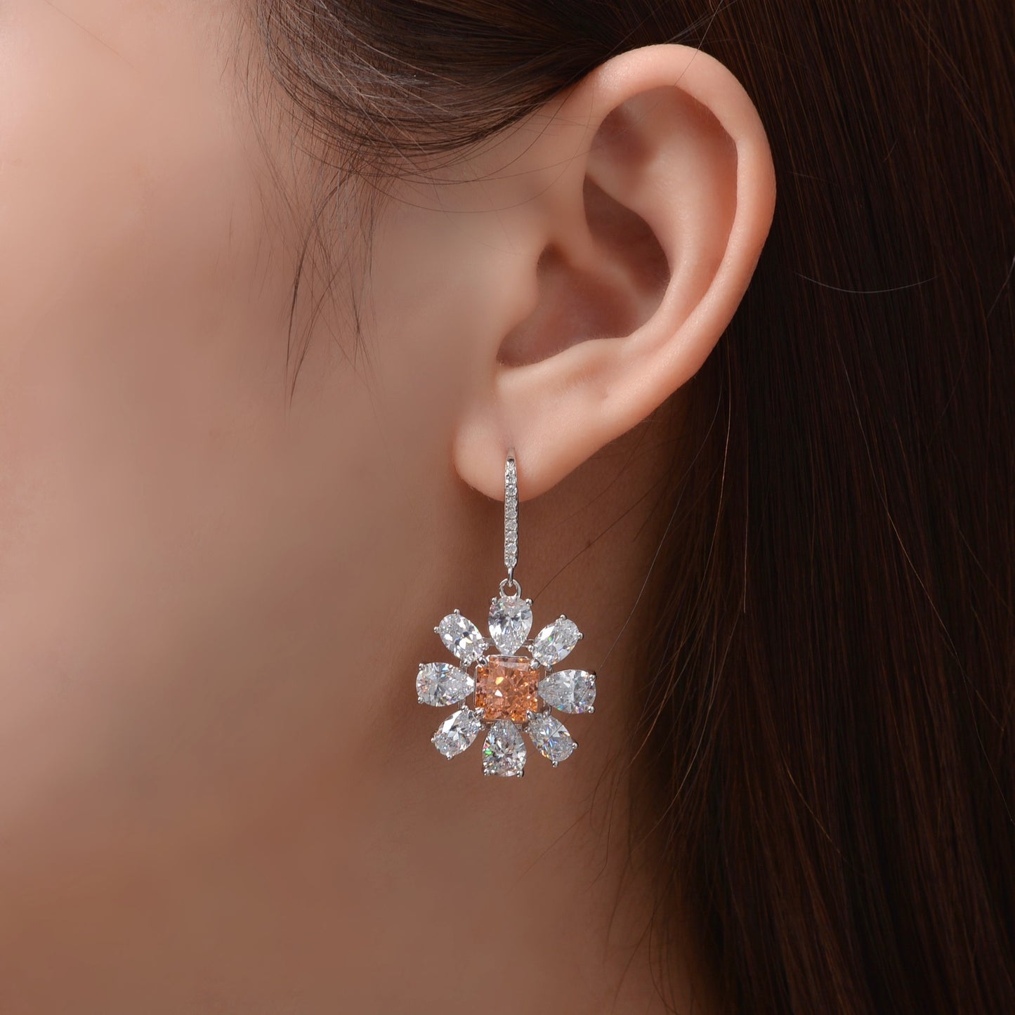 925 Sterling Silver Earrings Color-Shift Floral Bloom Earrings - Lightweight Luxury Orange Diamond Jewelry