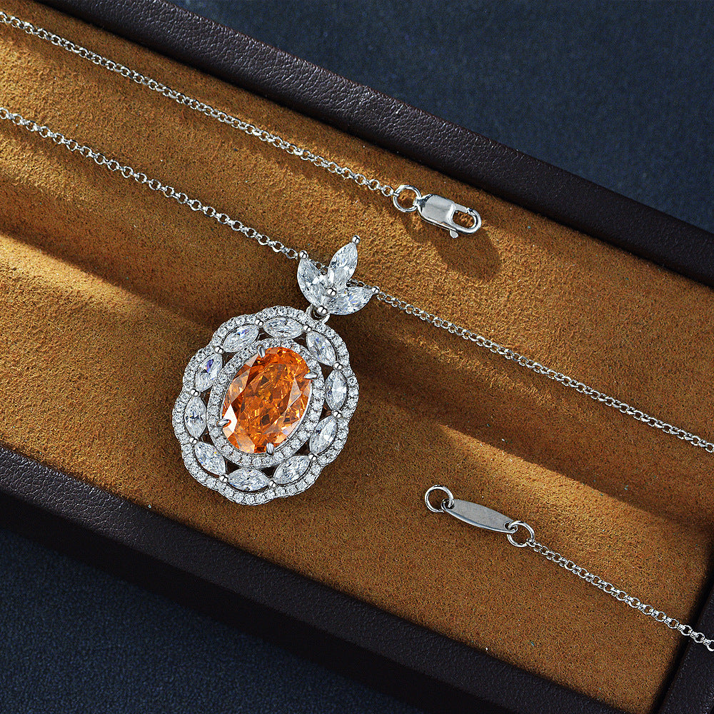 New 4Ct Sunset Orange Oval 9x13mm Ice-Cut Pendant Necklace for Women, 40+5cm