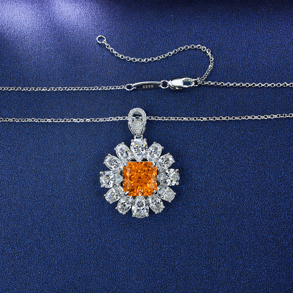 10Ct Daisy Pendant Necklace Set with Orange Rose & Ice-Cut High-Carbon Diamonds, 925 Sterling Silver, 40+3cm Chain