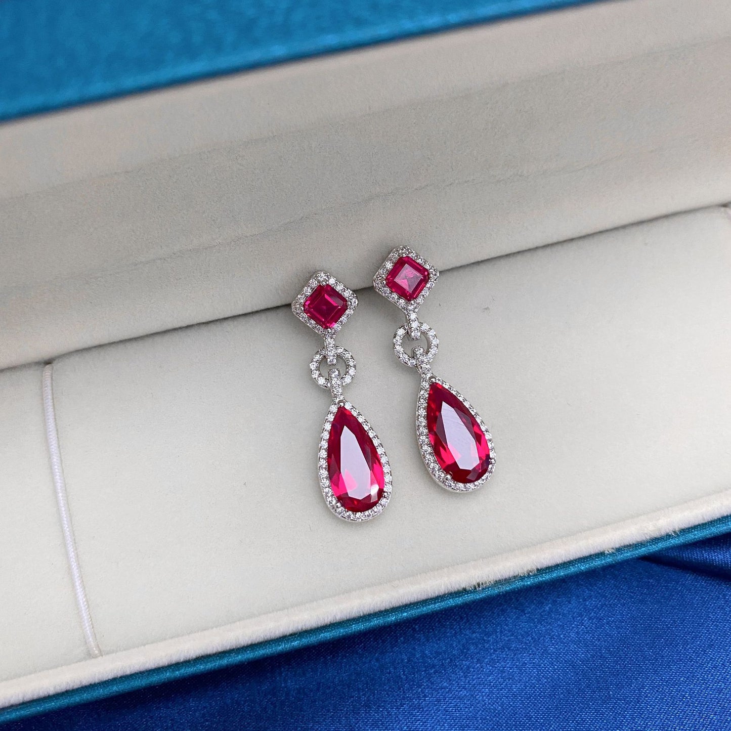 925 Sterling Silver Earrings Pear Lab-Grown Ruby Earrings - Premium