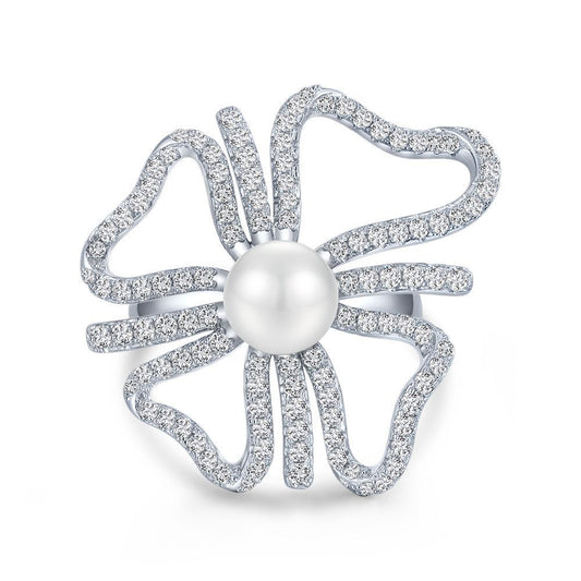 18mm Natural Pearl Open Silver Ring with Full Diamond Setting Adjustable