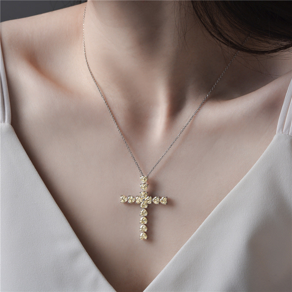 Heart Shape 5x5mm High-Carbon Diamond S925 Silver Cross Pendant Necklace   40+5cm Chain
