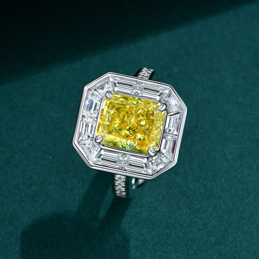 4Ct Rectangle 8x10mm Golden High-Carbon Diamond S925 Silver Fashion Ring