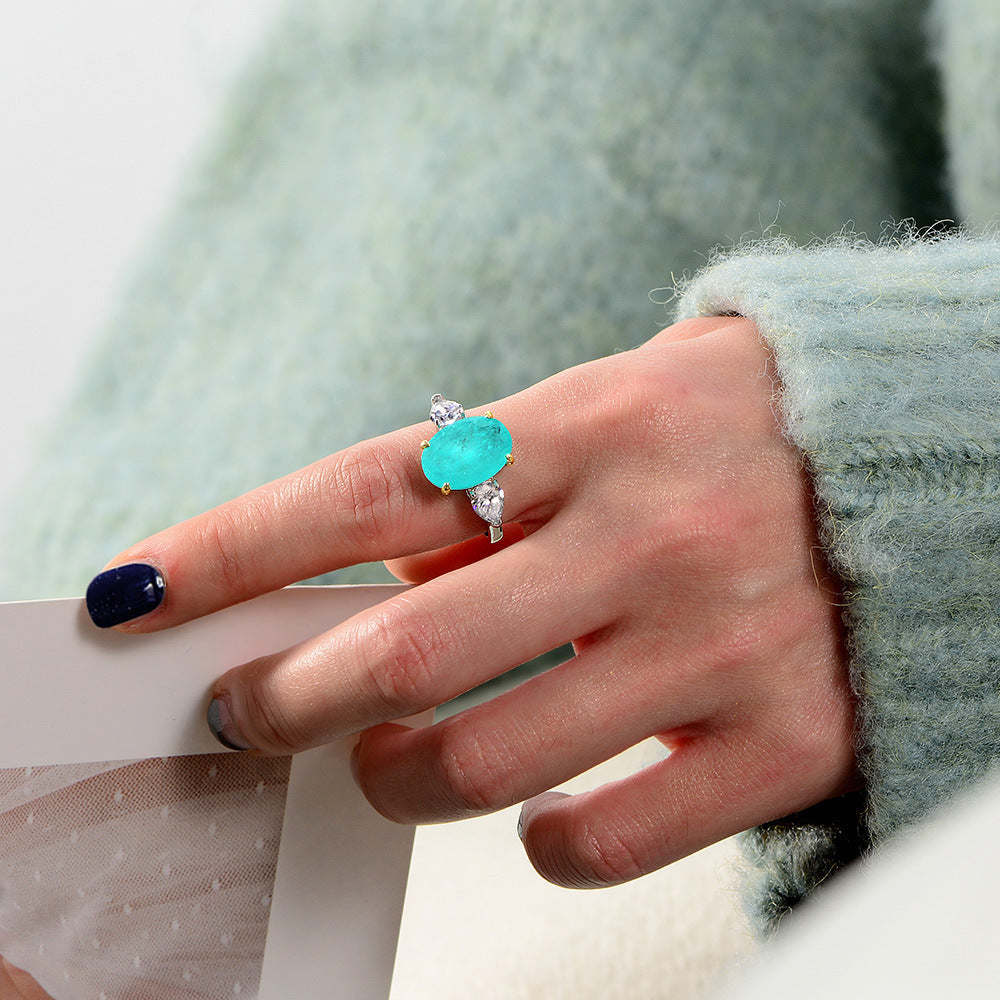 5 Carat Oval Paraiba-Style Synthetic Gem Ring in Silver – Elegant