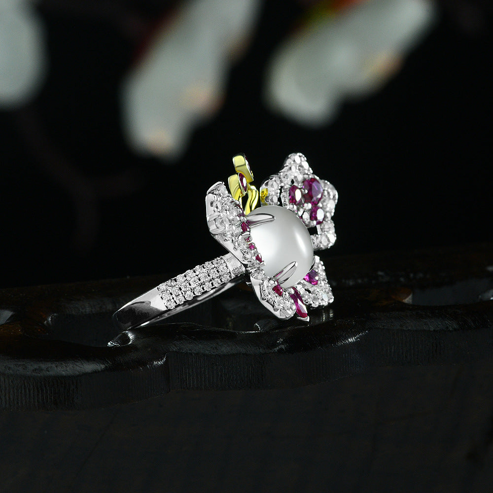 New 4Ct White Round Cabochon 10mm Water Foam Jade 925 Silver Ring