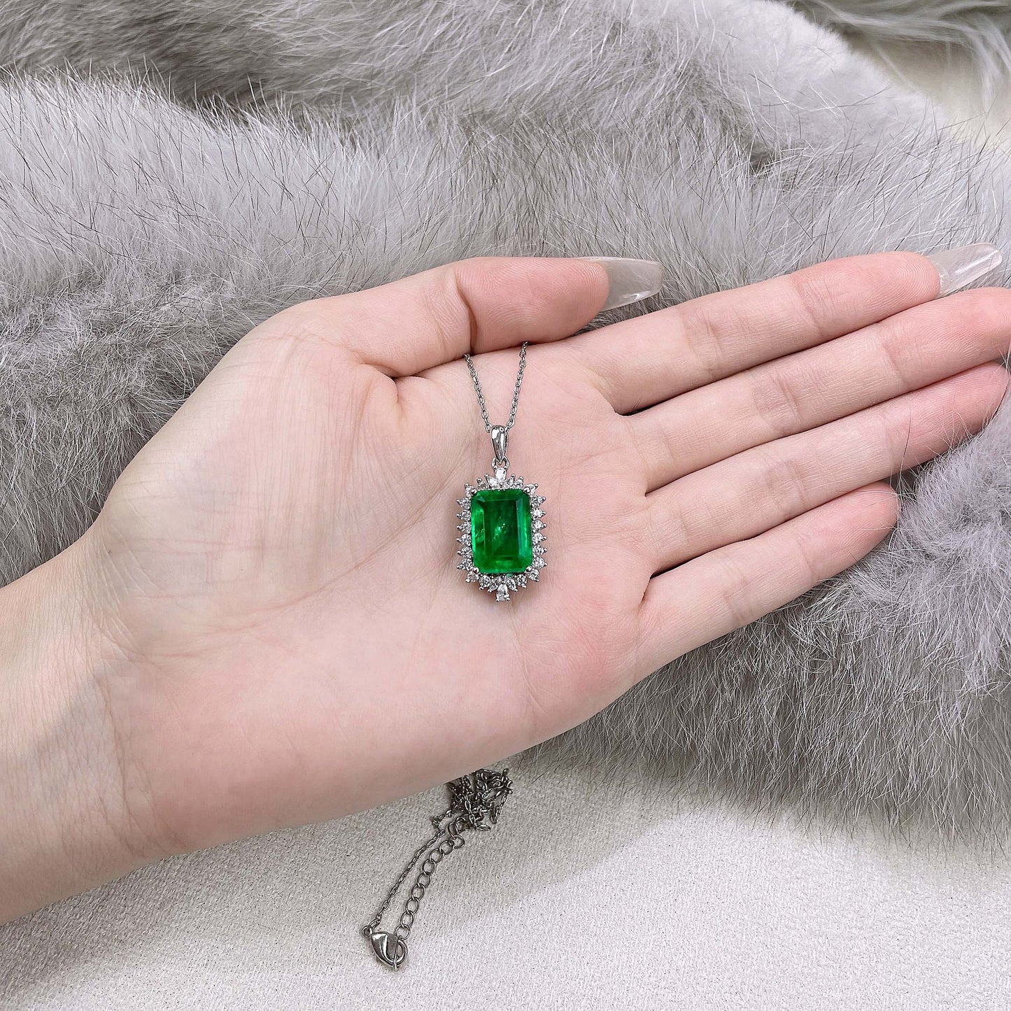 2025 New 5Ct Rectangle 10x14mm Synthetic Emerald S925 Silver Necklace, 40+3cm