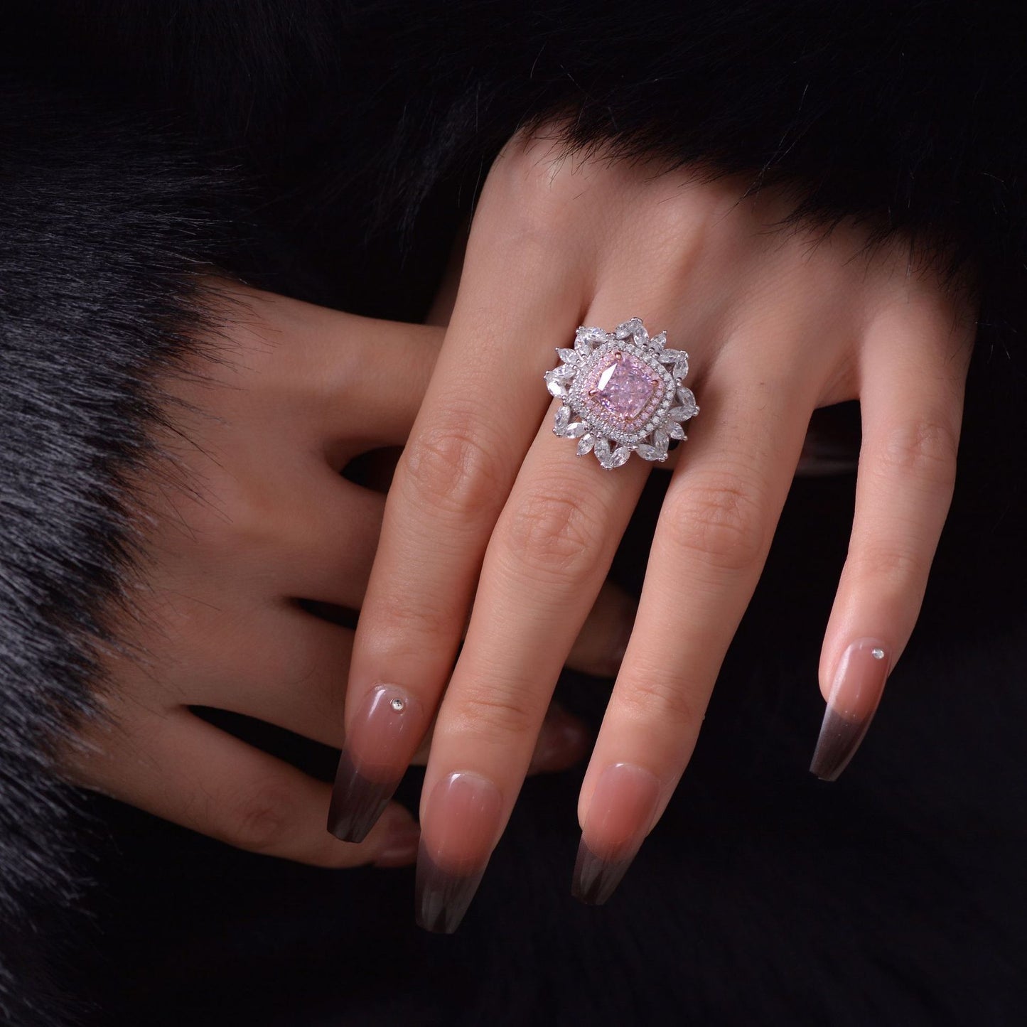 2 Carat Pink Ice-Flower Cushion Cut High Carbon Diamond Ring – Sterling Silver Floral Luxury Women’s Jewelry