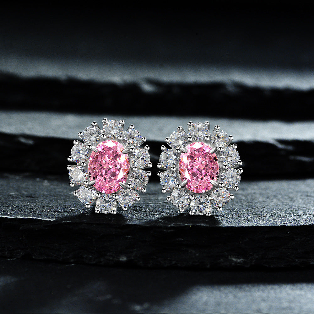 925 Sterling Silver Earrings 2-Carat High Carbon Diamond Earrings for Women, High-End Frosted Cut Pink Oval 7*9