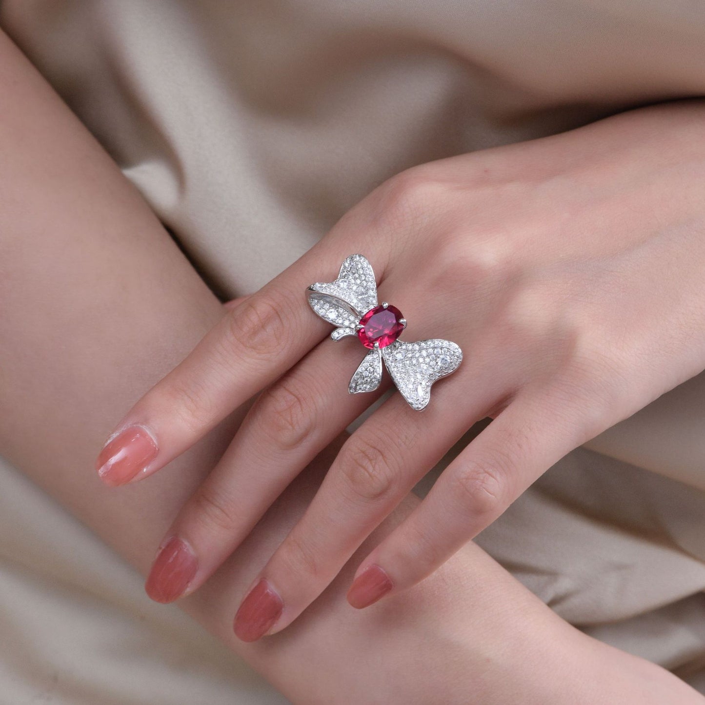 4.5 Carat Lotus Cut Lab-Created Ruby Ring – Butterfly Design, Modern Oriental Luxury