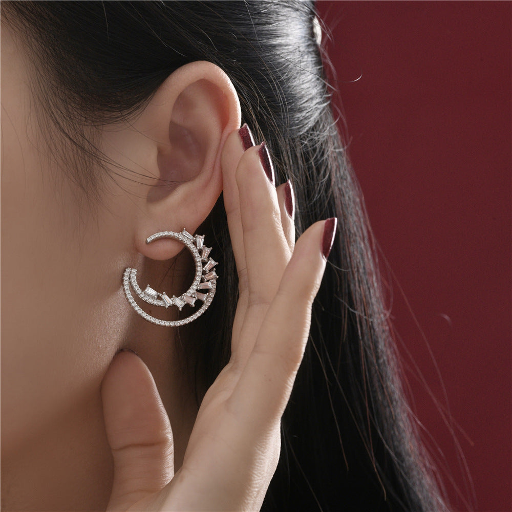 Sterling silver earrings S925 Crescent Moon & Star Baroque