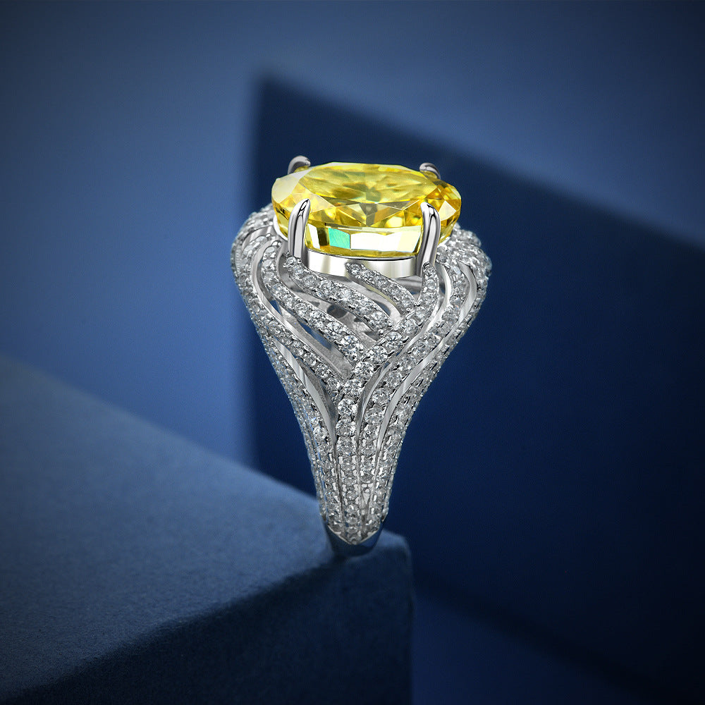 4 Carat Ice-Flower Cut Yellow High Carbon Diamond Ring – Unique Oval Design, Sterling Silver