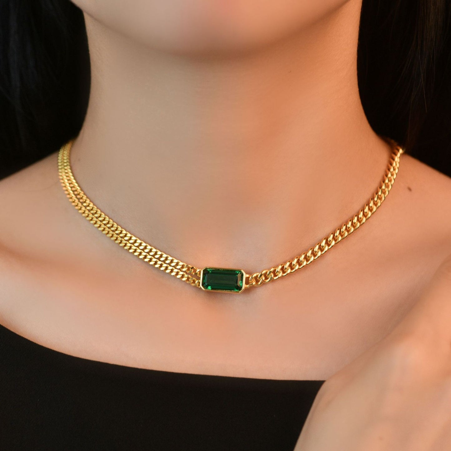 2025 New 4Ct Rectangle 7x14mm Green High-Carbon Diamond Unisex Cuban Chain, 44.5cm