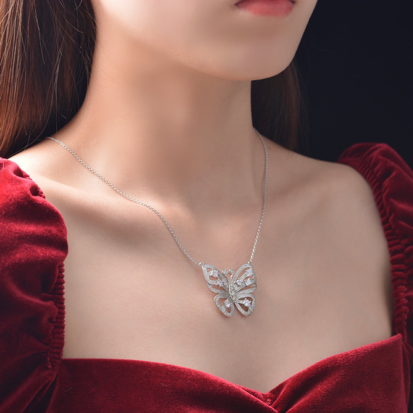 Butterfly 925 Silver Necklace for Women with Full Diamond Pendant, 40+5cm