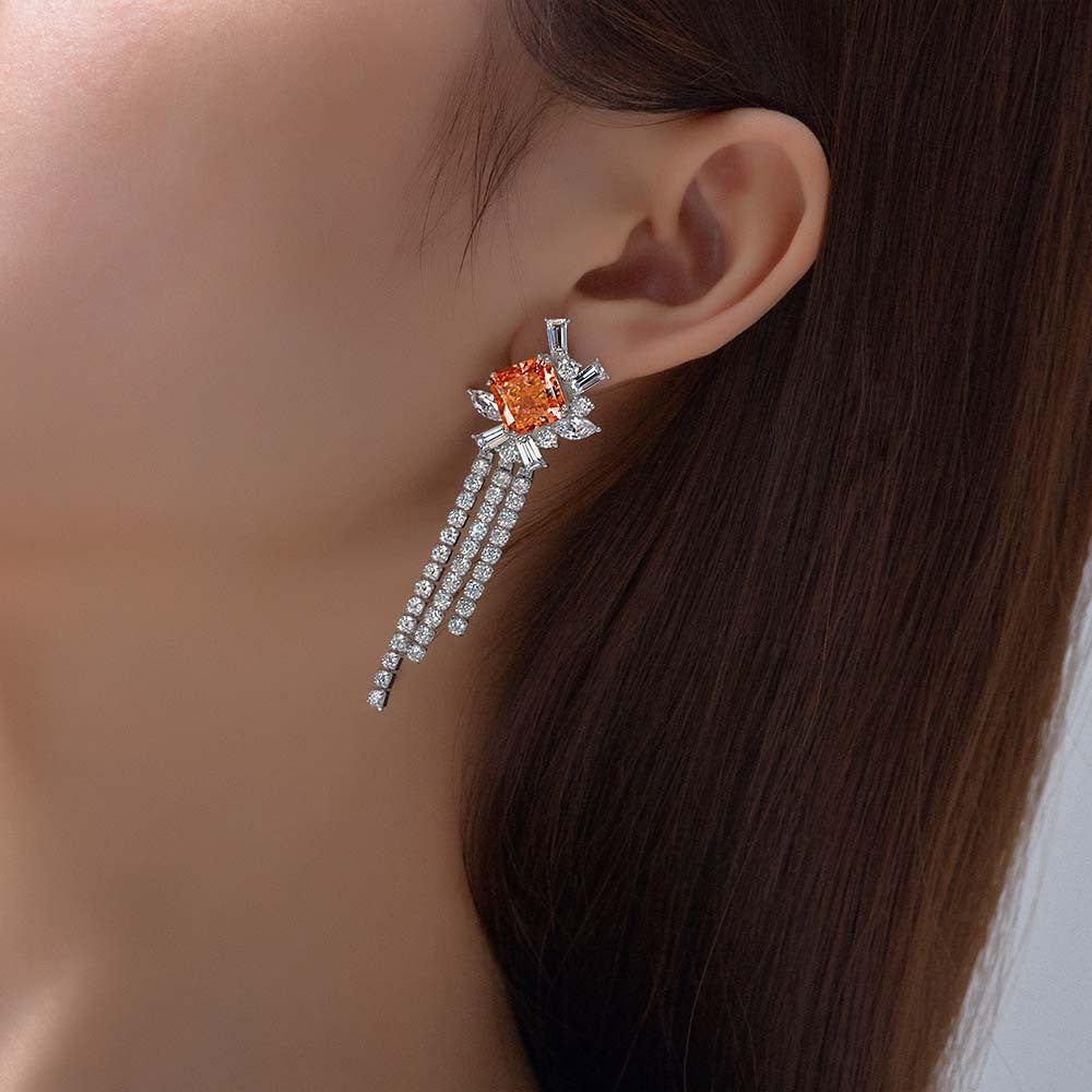 2025 Long Fringe Earrings 925 Silver 5ct Rose Orange 10x10mm Frosted Cut High Carbon Diamond Women's Ear Jewelry