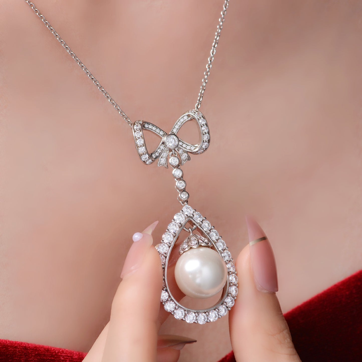 New 14mm Pearl Series Pendant with Full Diamond S925 Silver Collarbone Necklace, 40+5cm