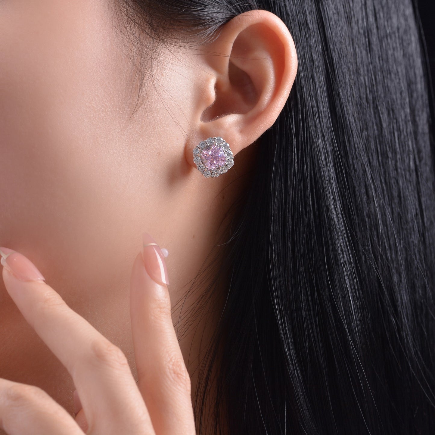 2ct Pink High Carbon Diamond Stud Earrings with 925 Sterling Silver Setting | 7x7mm Frosted Cut Minimalist Design