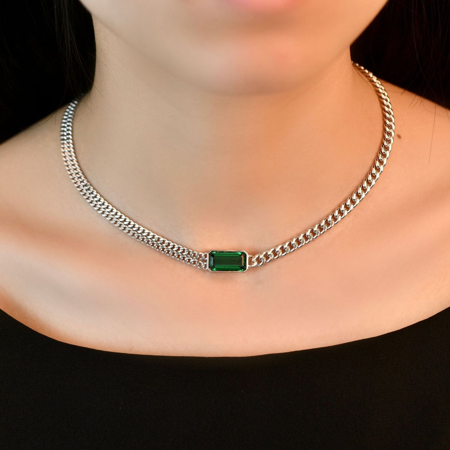 2025 New 4Ct Rectangle 7x14mm Green High-Carbon Diamond Unisex Cuban Chain, 44.5cm