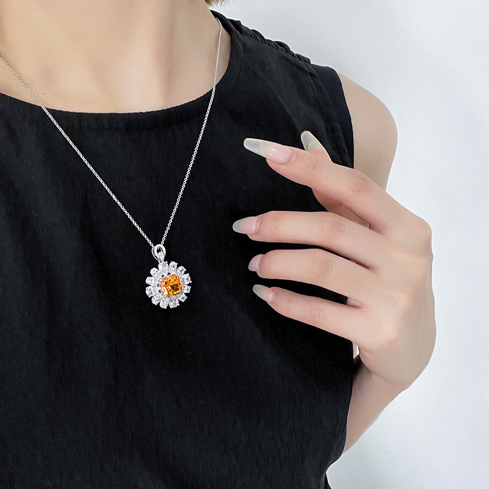 10Ct Daisy Pendant Necklace Set with Orange Rose & Ice-Cut High-Carbon Diamonds, 925 Sterling Silver, 40+3cm Chain