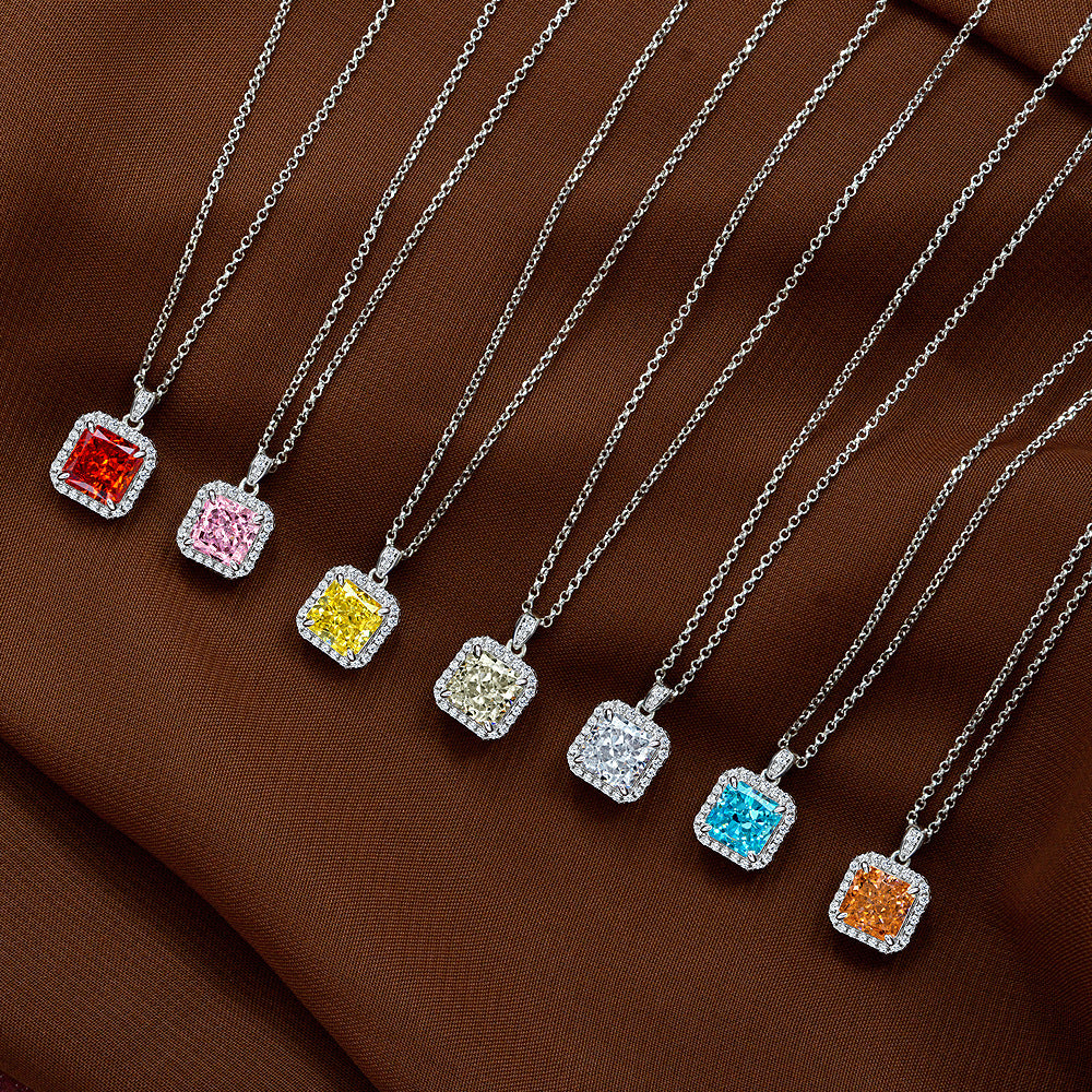 New 2Ct Square 7x7mm High-Carbon Diamond 925 Silver Pendant Necklace, 40+3cm
