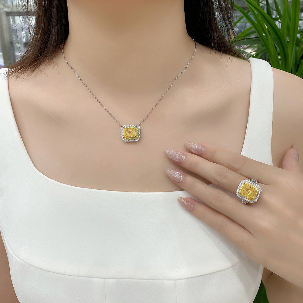 4 Carat Fancy Yellow Ice-Flower Cut High Carbon Diamond Ring – 8×10mm Rectangular Luxury Design